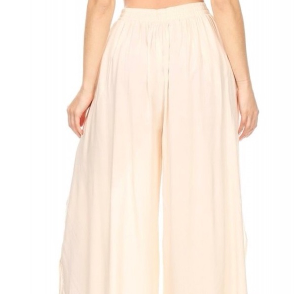 Palazzo Pants Draped Self Belt Split Leg Cream - Picture 2 of 8